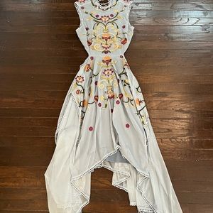 ASOS Blue Embroidered Midi Dress, Open Corset Tie Back, Tissue Hem, size 8